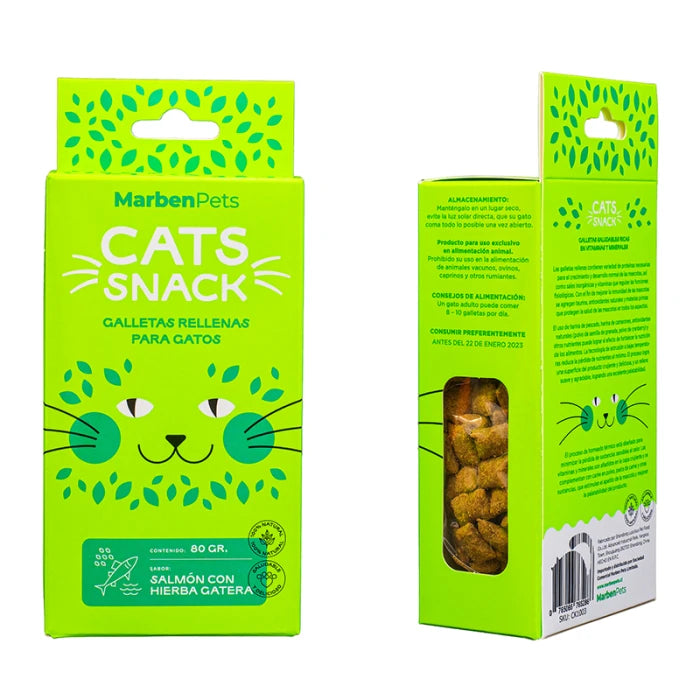 CATS SNACK GALLETAS RELLENAS CON SALMÓN Y HIERBA GATERA 80GR